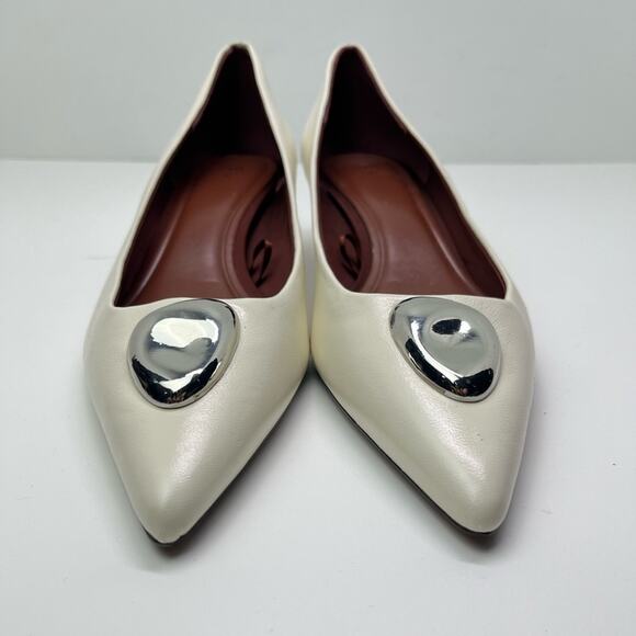 Zara Women's Metal Detail White Leather Kitten Heel Pointed Toe Shoes - Picture 3 of 11